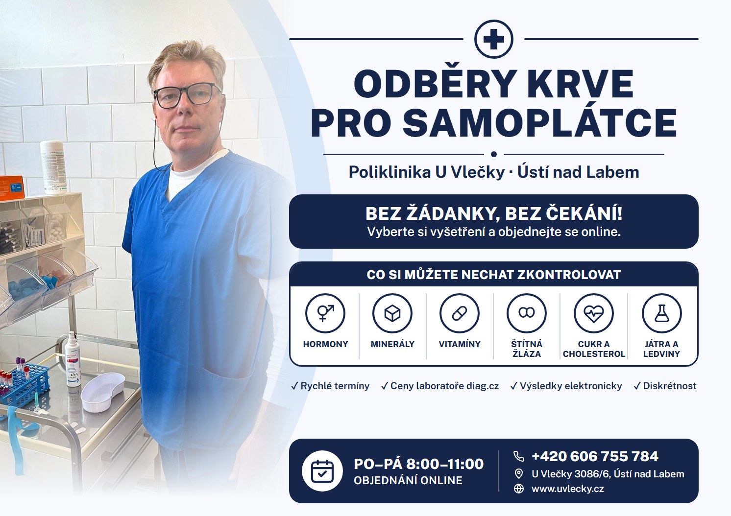 Odběry krve pro samoplátce bez žádanky — Poliklinika U Vlečky, Ústí nad Labem, po–pá 8:00–11:00